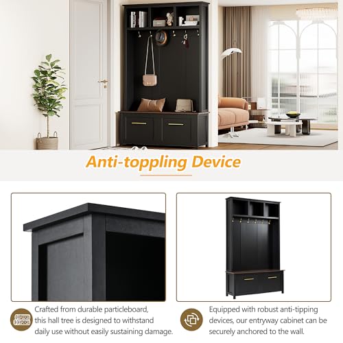 JIVOIT 4-in-1 Entryway Hall Tree with Brown Wood Grain Storage Bench, Wood Entryway Coat Hanger Hall Tree with 6 Golden Hooks, 2 Drawers, Coat Rack for Living Room, Hallway (Black/31) - color: Black/31
