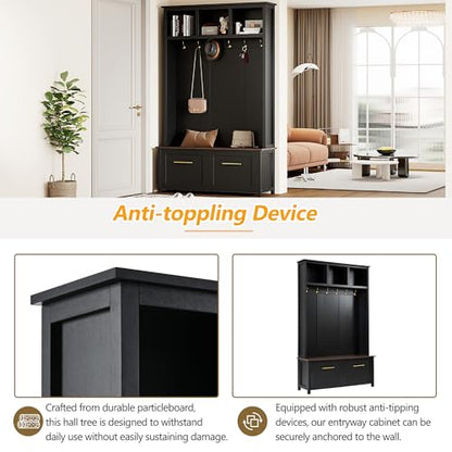 JIVOIT 4-in-1 Entryway Hall Tree with Brown Wood Grain Storage Bench, Wood Entryway Coat Hanger Hall Tree with 6 Golden Hooks, 2 Drawers, Coat Rack for Living Room, Hallway (Black/31) - color: Black/31