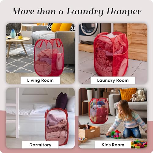 Handy Laundry Collapsible Mesh Pop Up Laundry Hamper 2-Pack – Space-Saving, Breathable Basket with Wide Opening & Side Pocket, Durable & Foldable for Clothes, Storage, Travel, Dorm, Red - color: Red, 2-PACK