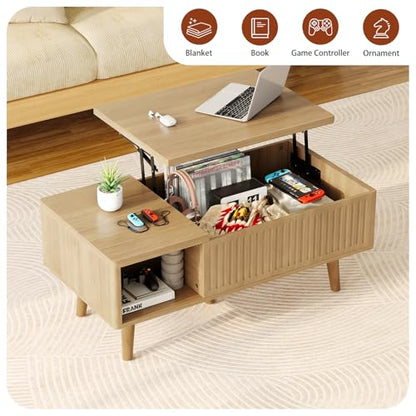 Coffee Table with Lifting Top,Wooden Fluted Coffee Table with Hidden Storage Space,2 Open Storage Compartments,Solid Wood Legs,Suitable for Living Room,Apartment,Office. (C-Lift Coffee Table-Oak) - color: C-lift Coffee Table-oak