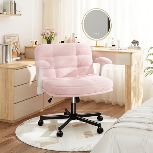 DurayLoly Criss Cross Chair with Wheels and Flip-up Arms | 360° Swivel,Plush Teddy Fabric Cross Legged Chair, Adjustable Height for Bedroom, Home Office, Apartment,Vanity,Pink - color: Light Pink