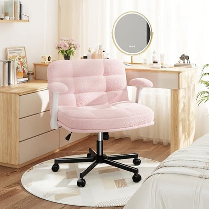 DurayLoly Criss Cross Chair with Wheels and Flip-up Arms | 360° Swivel,Plush Teddy Fabric Cross Legged Chair, Adjustable Height for Bedroom, Home Office, Apartment,Vanity,Pink - color: Light Pink