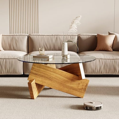 Honyee Modern Round Coffee Table, 30.7" x 30.7" x 16.1" Tempered Glass Top for Living Room, Color: Natural Wood - color: Natural Wood