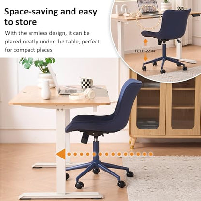 YOUNIKE Office Desk Chair with Wheels Armless Vanity Chair Modern Navy Blue | Faux Leather Upholstered with Rocking Back, Swivel Height Adjustable, Small Cute Computer Rolling Task Chair Ergonomic - color: All Navy Blue, size: Base Same Color