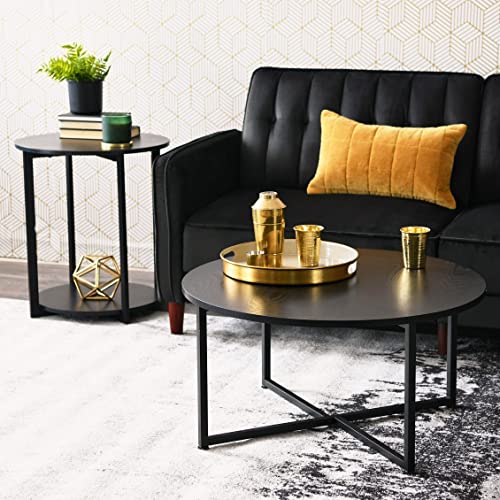 Household Essentials Jamestown Round Side End Table with Storage Shelf, Black Oak Wood Grain and Black Metal Frame - color: Black Oak