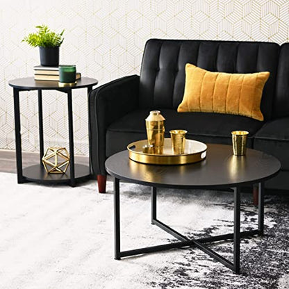 Household Essentials Jamestown Round Side End Table with Storage Shelf, Black Oak Wood Grain and Black Metal Frame - color: Black Oak