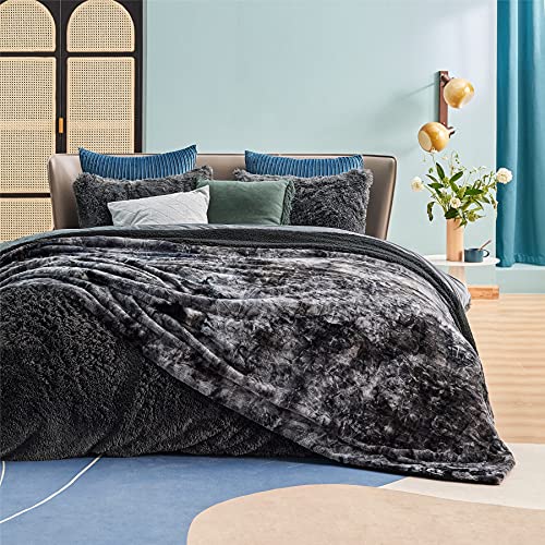 Bedsure GentleSoft Sherpa Fluffy Blanket Queen Size for Bed - Fleece Warm and Cozy for Women Gift, Plush & Fuzzy Faux Fur Christmas Blanket for Couch, Sofa Decor, Tie Dye Design, Black, 90x90 Inches - color: 03 - Tie Dye Black, size: Queen (90" x 90")