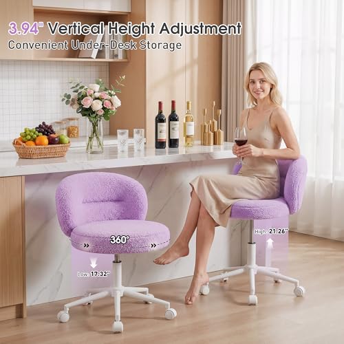 Homkdom Round Vanity Chair with Silent Wheels, 17.32" Wide Seat | Height Adjustable, 360 Swivel & Smooth Rolling, Armless Design for Makeup and Study - Purple - color: Purple