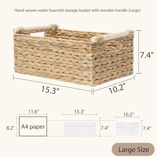 Rectangle Water Hyacinth Wicker Storage Basket Organizer(Large) | Handwoven Shelf basket with Wooden Handles for Pantry & Closet - size: Large