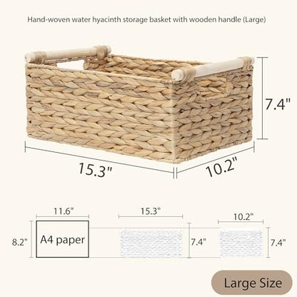 Rectangle Water Hyacinth Wicker Storage Basket Organizer(Large) | Handwoven Shelf basket with Wooden Handles for Pantry & Closet - size: Large
