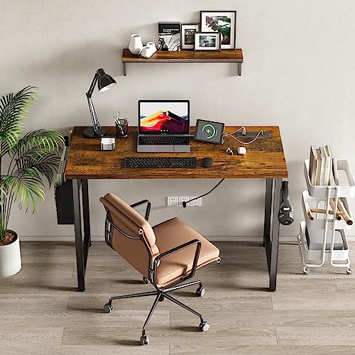 Lufeiya 40 inch Computer Desk with Power Outlet, 39 inch Teen Study Table Home Office Work Writing Desk with Charging Station Outlets Built in, Rustic Brown - color: Rustic Brown, size: 39.4"