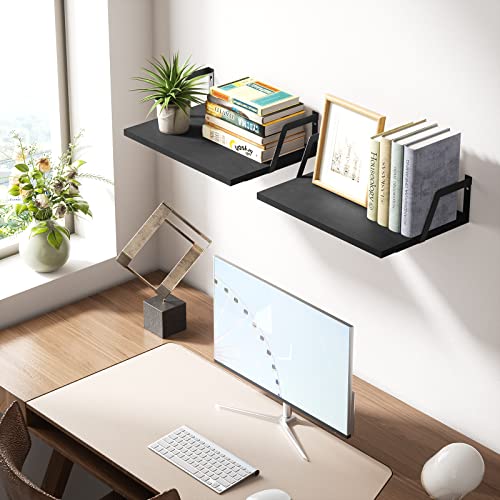SRIWATANA Floating Shelves Wall Mounted Set of 2 Rustic Wood Shelves with Large Capacity(Black | Wide Sturdy Rustic Organizers; Large Capacity Spacious Hanging Boards to Display Books, Plants, Kitchen Spices - color: Black