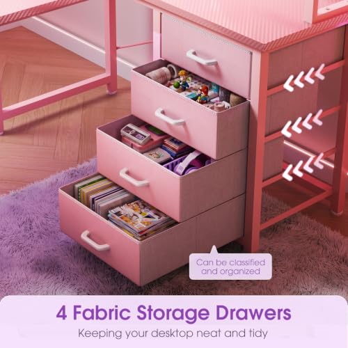 AODK 53" L Shaped Gaming Desk with Pegboard, Hutch & 4 Drawers, Pink - color: Carbon Fiber Pink