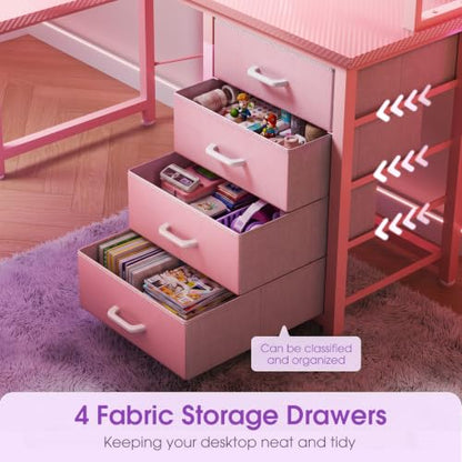 AODK 53" L Shaped Gaming Desk with Pegboard, Hutch & 4 Drawers, Pink - color: Carbon Fiber Pink