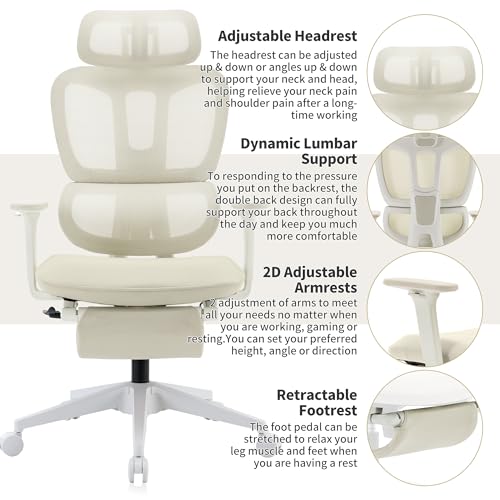 Ergonomic Office Chair with Footrest, 90-135° Reclining High Back Desk Chair with Lumbar Support, 2D Headrest, 2D Armrests, Computer Chair for Long Hours, Cream - color: Beige