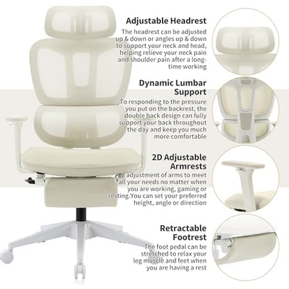 Ergonomic Office Chair with Footrest, 90-135° Reclining High Back Desk Chair with Lumbar Support, 2D Headrest, 2D Armrests, Computer Chair for Long Hours, Cream - color: Beige