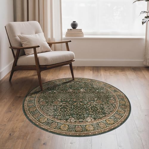 3ft Round Area Rug 3x3, Washable Non Slip, Dark Green Brown | Vintage Floral, Spill Resistant, Lightweight Low Pile Non-Shedding Carpet for Bedroom, Nursery and Kitchen - color: Dark Green Brown, size: 3' (Round)