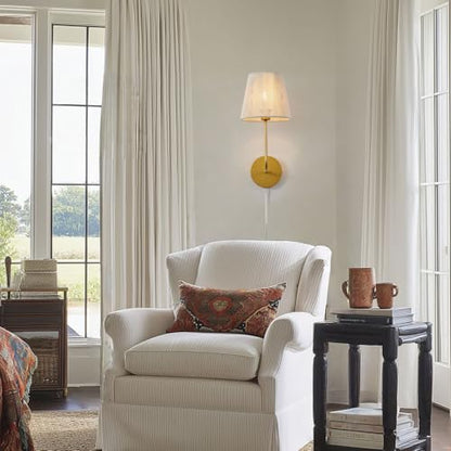 White Boho Wall Sconces Set of 2 Plug-in | Wall Light Brass Paint Finish with Natural Wicker Rattan Shade Hand Woven for Bedside, Living Room, Fireplace, Hallway - color: Brass Paint Finish