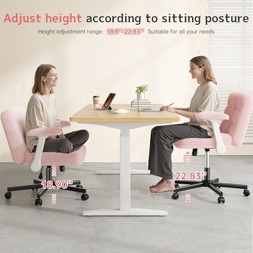 DurayLoly Criss Cross Chair with Wheels and Flip-up Arms | 360° Swivel,Plush Teddy Fabric Cross Legged Chair, Adjustable Height for Bedroom, Home Office, Apartment,Vanity,Pink - color: Light Pink