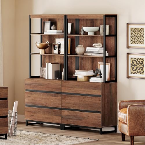 WAMPAT 2 PCS Modern 72" Tall Bookshelf with 6 Drawers and Open Book Shelves, Library Bookcase with Storage Cabinet and Metal Base, Wood Freestanding Bookshelves for Home Office, Living Room, Brown - color: Brown-b, size: 2 PCS