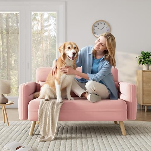 Yaheetech 46" Small Sofa Compact Modern Couch with Wood Legs, Pink | Loveseat Small Sofa in Fabric 2 Seater Couch Features Wood Legs, Lumbar Pillows, Easy Assembly for Living Room, Bedroom, Dorm - color: Pink
