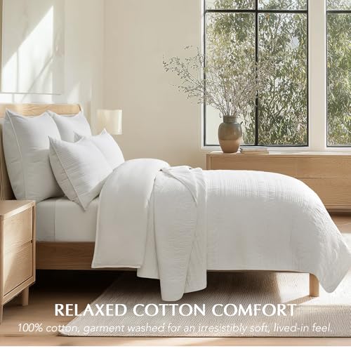 EVERGRACEHOME 100% Cotton Modern Lines Quilt Set Queen Size, Bright White | Pre-Washed Soft Cotton, Striped Coverlet Bedspread, 3 Piece Lightweight Bedding Set for All Season, with 2 Pillow Shams - color: Bright White, size: Full/Queen (92" X 92")