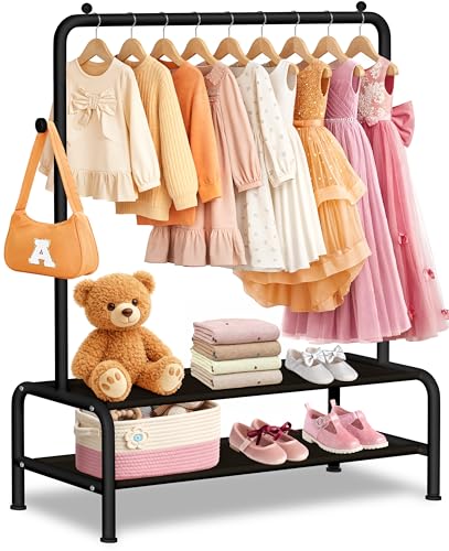 mirolam Kids Clothing Rack - Small Garment Rack - Small Kids Costume Wardrobe Rack with 2 Fabric Floors Storage Shelf - Mini Short Baby Toddler Clothes Rack - color: Black