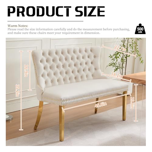 Beige Velvet Dining Bench with Back, Tufted Banquette Seating, Gold Legs | Upholstered loveseat bench; tufted back; nailhead trim; 500 lb capacity; foam and spring seat; dining room or entryway - color: Beige(gold Stainless Steel Legs)