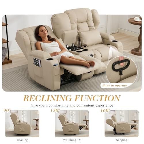 Loveseat Recliner Sofa,RV Wall Hugger Recliners with Console,Reclining Loveseat Sofa Recliner with Cup Holders/Lumbar Pillows for Small Spaces,RV Furniture (Beige,66" 2-Seater) - color: Beige, size: 66" 2-Seater