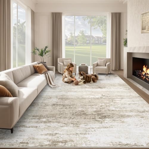 Washable Rug 9x12 Area Rugs for Living Room: Large Neutral Soft Rug Abstract Non Slip Low Pile Modern Carpet for Bedroom Kitchen Nursery Office Dining Room Indoor (Beige, 9'x12') - color: Beige, size: 9' x 12' (Rectangular)