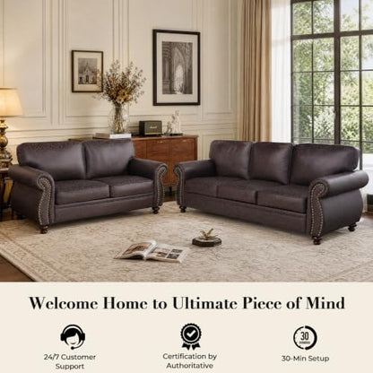 88" W Living Room Furniture Sets, 3-Seater&Single, Brown | Faux Leather Fabric Sofa and Couch Sets, Mid-Century 3-Seater Sofa Set with Nailhead Trim - color: Brown, size: M-4 seat