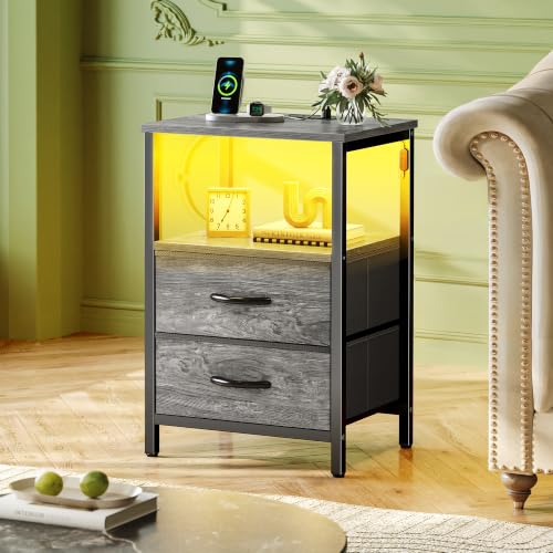 Huuger Night Stand with Charger Station and LED Lights, 2 Drawer Nightstand | Bed Side Table with Open ShelfEnd TableFabric Drawers for Bedroom, Grey - color: Grey, size: 11.8"D x 15.7"W x 23.6"H（2 Drawers）