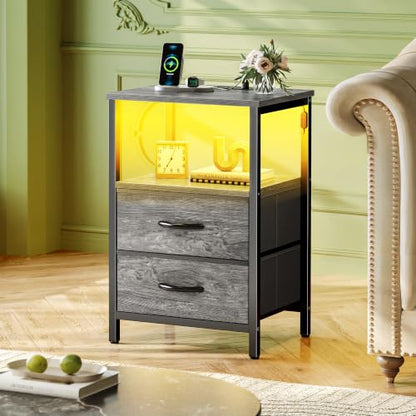 Huuger Night Stand with Charger Station and LED Lights, 2 Drawer Nightstand | Bed Side Table with Open ShelfEnd TableFabric Drawers for Bedroom, Grey - color: Grey, size: 11.8"D x 15.7"W x 23.6"H（2 Drawers）