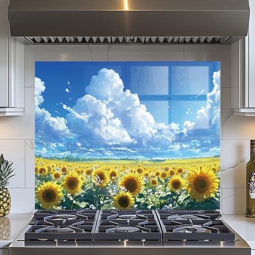Evgosm Tempered Glass Backsplash for Kitchen， Stove Splashback, sunflower Glass Backsplash, Easy to Install and Clean, Used for Kitchen Wall Protection and Decoration. (30x24'') - size: 30"L x 24"W
