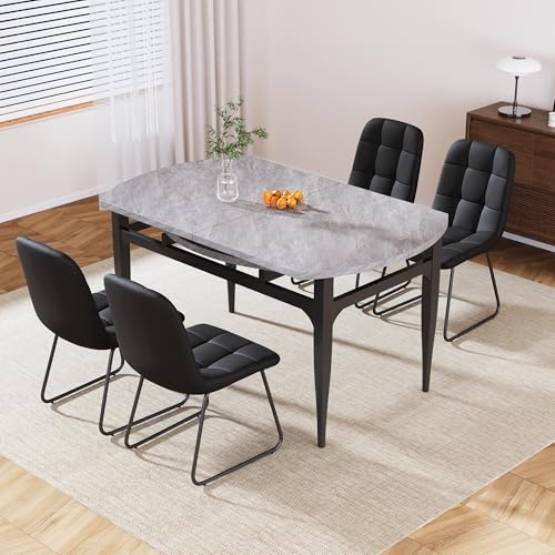 HIPIHOM 55‑Inch Extendable Dining Table Set with 6 Upholstered Chairs and Metal Frame for Dining Room - color: Grey/Black