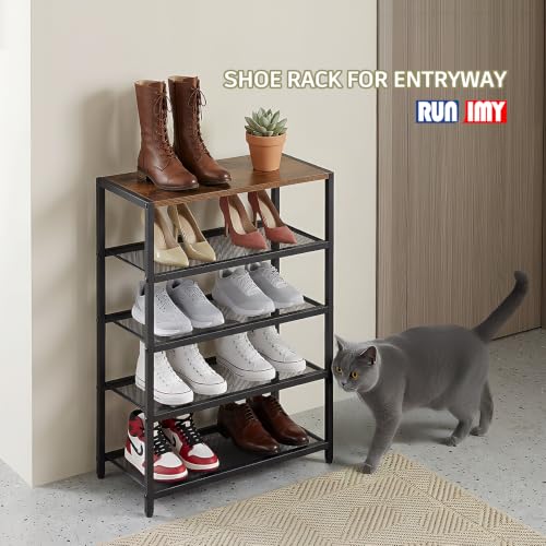 Tall Narrow Shoe Rack for Entryway Closet,5-Tier Shoe Storage Shelf | Small Vertical Shoe Organizer Wood, Sturdy Metal Mesh Shelves, Wooden Table Top, Holds 10 Pairs, for Front Door Entrance - size: 17"D x 10.24"W x 30.7"H