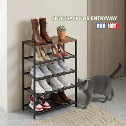 Tall Narrow Shoe Rack for Entryway Closet,5-Tier Shoe Storage Shelf | Small Vertical Shoe Organizer Wood, Sturdy Metal Mesh Shelves, Wooden Table Top, Holds 10 Pairs, for Front Door Entrance - size: 17"D x 10.24"W x 30.7"H