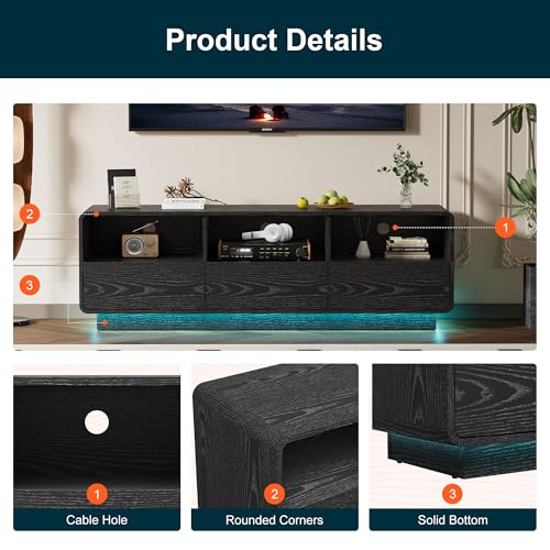 RoyalCraft TV Stand for TVs Up to 65", Modern Black Entertainment Center with 3 Storage Drawers and LED Lights, Curved Wood Media TV Console for Living Room, Bedroom - color: Black
