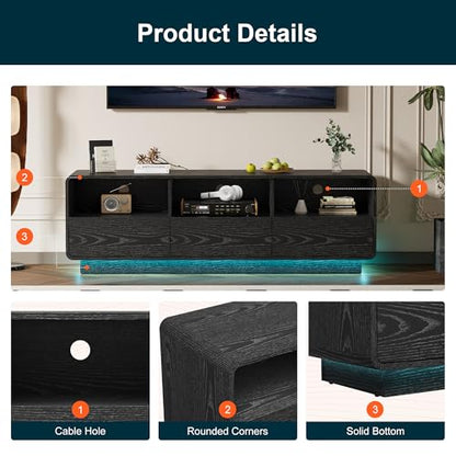 RoyalCraft TV Stand for TVs Up to 65", Modern Black Entertainment Center with 3 Storage Drawers and LED Lights, Curved Wood Media TV Console for Living Room, Bedroom - color: Black