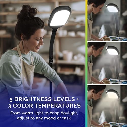 Verilux SmartLight Full Spectrum LED Modern Floor Lamp with Adjustable Brightness, Flexible Gooseneck and Easy Controls - Reduces Eye Strain and Fatigue - Ideal for Reading, Artists, Craft (Black) - color: Black