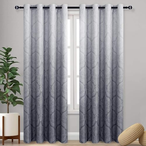 DWCN Grey Ombre Room Darkening Curtains for Living Room - Damask Patterned Thermal Insulated Grommet Drapes for Bedroom, Set of 2 Gradient Window Curtain Panels, 52 x 90 Inch Length, Gray - color: Grey, size: 52"W x 90"L (Pack of 2)