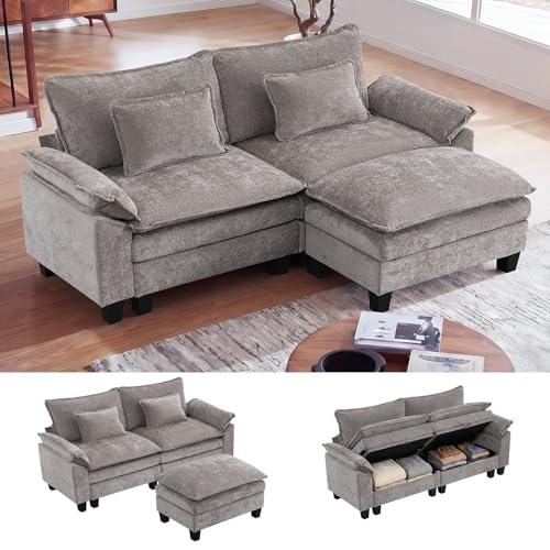 85" Modular Sectional Sofa with Storage, L-Shaped Comfy Cloud Couch | Deep Seat, Moveable Ottoman, Throw Pillows, Sofa Sleeper, Cloud Comfort Couches for Living Room Bedroom, Chenille Grey - color: Grey, size: 85" - 3 Seat L