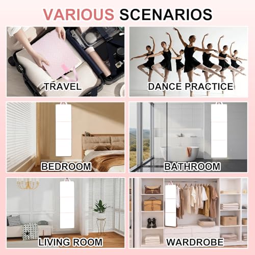 49 x 12 Inches Foldable Portable Full Length Mirror for Travel, Shatterproof Trifold Hanging Folding Mirror for Camping, Dance Bag with Garment Rack, Makeup Full Body Over the Door, Large, RV, Pink
