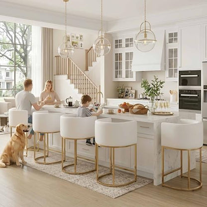HNY Modern Barrel Counter Height Gold Clearance Bar Stools Set of 2, 24 Inch Kitchen Bar Stools with Back, PU Leather Barstools Bar Height for Island with Golden Metal Tubular Frame, White - color: 24inch ,White,gold Base