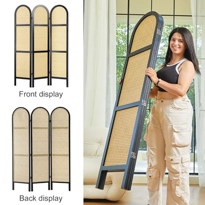Svimi Room Divider and Folding Privacy Screens, Pine Wood 5.6 Ft Double Hinged Rattan Partition Freestanding Wall Room Divider for Home - 3 Panels - color: Black/Natural