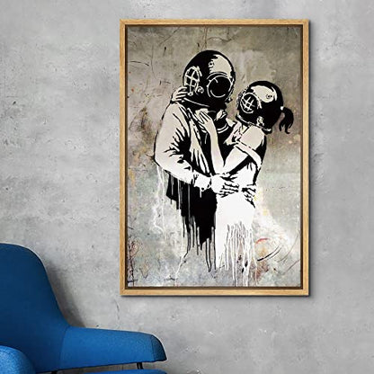 wall26 Framed Canvas Print Wall Art Banksy British Artist Deep Sea Diver Lovers Spray Paint Graffiti & Street Art Urban Illustration Modern Art Boho for Living Room, Bedroom, Office - 16"x24" Natural - color: A12-2204-ma0511, size: 24"L x 16"W
