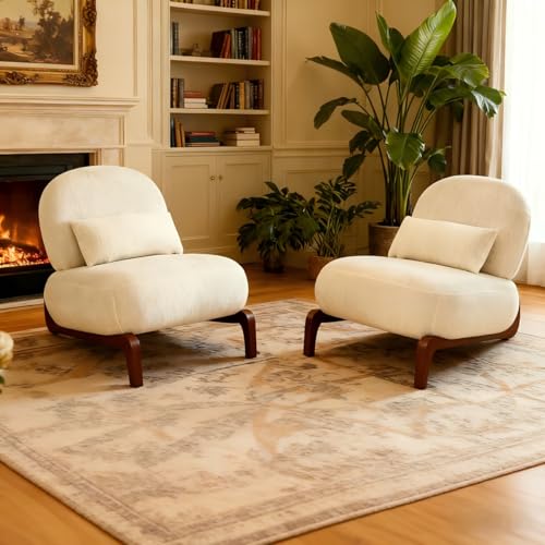 Modern Velvet Armless Accent Chair with Solid Wood Legs, Upholstered Single Lounge Chair, Comfy Reading Chair for Living Room, Bedroom & Reading Nook (White + Fabric, 2 Pack, Solid Wood) - color: White + Fabric, size: 2 Pack