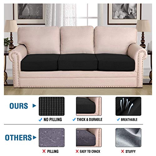 H.VERSAILTEX Super Stretch Individual Seat Cushion Covers Sofa Couch Slipcover Sets Thick Jacquard Textured Twill Fabric (3 Piece Covers, Black) - color: Black, size: 3 Cushion Sofa