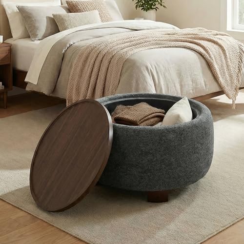 VKNOW 30" Round Storage Ottoman, Ottoman Coffee Table with Removable Wood Top and Solid Wood Legs for Living Room, Bedroom, Apartments (Black) - color: Black