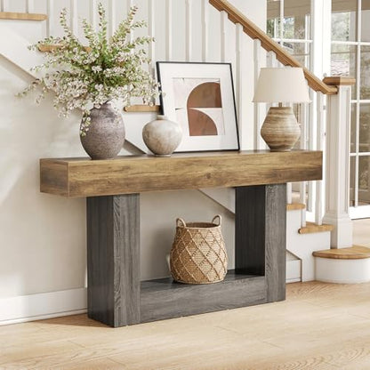 LITTLE TREE 63 Inches Long Console Table, 2-Tier Farmhouse Sofa Table Behind Couch, Large Narrow Entryway Table for Living Room, Wooden Hallway Foyer Table with Heavy Duty Base, Rustic Brown and Grey - color: Rustic Brown and Grey
